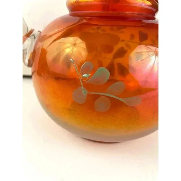 VTG Carnival Glass Orange Iridescent Pitcher Glass Blown Hand Painted 10" Floral - Picture 13 of 16